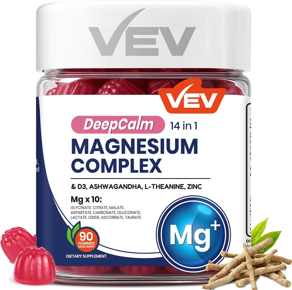 VEV Magnesium Complex DeepCalm 14-in-1 Gummies – con Ashwagandha, L-Theanine, D3 & Zinc – Cortisol Suplementos para Mujeres – 90 No Añadido Sugar Vegan Magnesium Glycinate Complex Gummies
