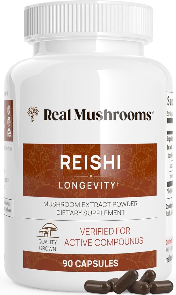 Real Mushrooms Reishi Mushroom Capsules - Handpicked Organic Mushroom Extracts - Red Reishi for Tranquil Daily Wellness with Verified Beta Glucans Vegan, Non-GMO, No Grain Fillers, 90 ct