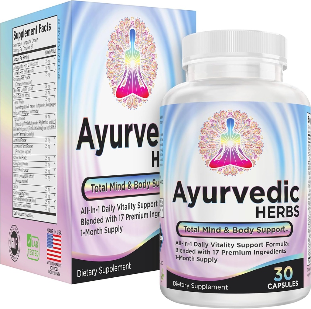AYURVEDIC Herbs (All-in-1) Supplement Blend | Ayurveda Mind Body Spirit Herbal Complex with 17 Active Ingredients | Ayurvedic Supplements | 30-Day Supply | 30 Capsules