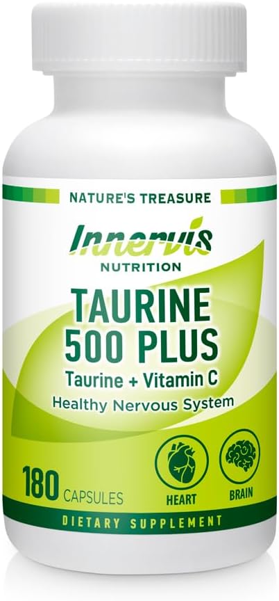 Taurine 500 Plus Vitamin C – 180 Capsules Healthy Heart Brain Health Boost Energy Antioxidant Amino Acid Supplement