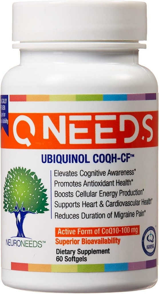 QNeeds® coqh-cf Ubiquinol 100 mg COQ10 Entrega mejorada clínicamente probada para la absorción máxima, apoyo mitocondrial mejorado, antioxidante para la salud cardíaca, 60 conde Softgels