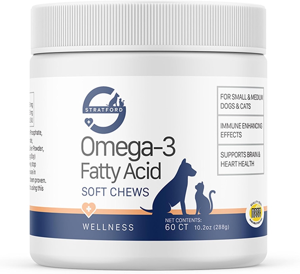 Stratford Pharmaceuticals EZ Chew Omega 3 Fatty Acid Soft Chew Max Strength - Dog Omega 3 Suplemento - Soft Chew Treats with Fish Oil for Dogs - Small and Medium Dogs - 60 Soft Chews