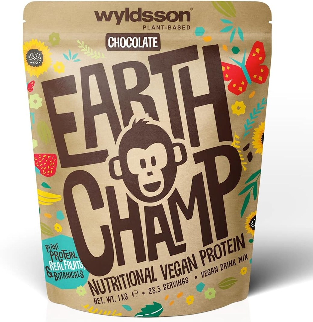 Polvos de proteína vegano (1kg) - 28 Servidores - EarthChamp by Wyldsson - Afeitado de polvo de chocolate con base vegetal - Dairy Free - Lactose Free (Choc)