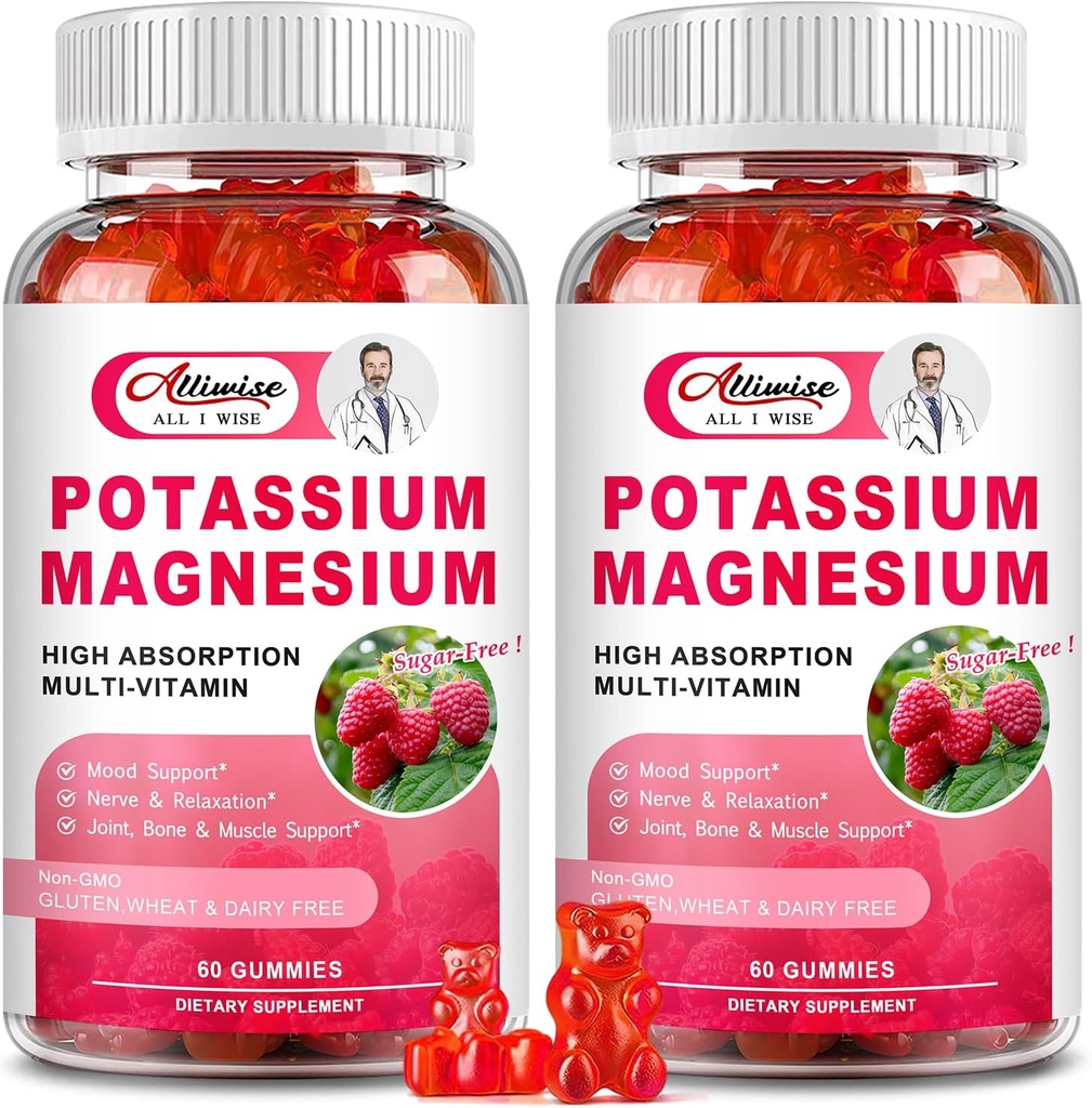 2 Pack Potasio Magnesio Suplemento Gummies - Potasio Citrato &amp; Magnesio Glycinate for Leg Cramps & Muscle, Mood & Relaxation, Energy Support with Vitamin B6, D3, C Raspberry Flavor