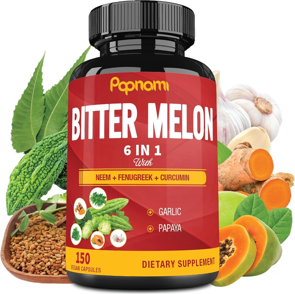 Extracto de melón orgánico - Neem combinado, Fenugreek, Curcumin, Ajo &amp; Papaya - 150 Cuenta para 5 meses - Apoyos Cuerpo, Digestivo, Esquí, Inmune &amp; Bienestar general