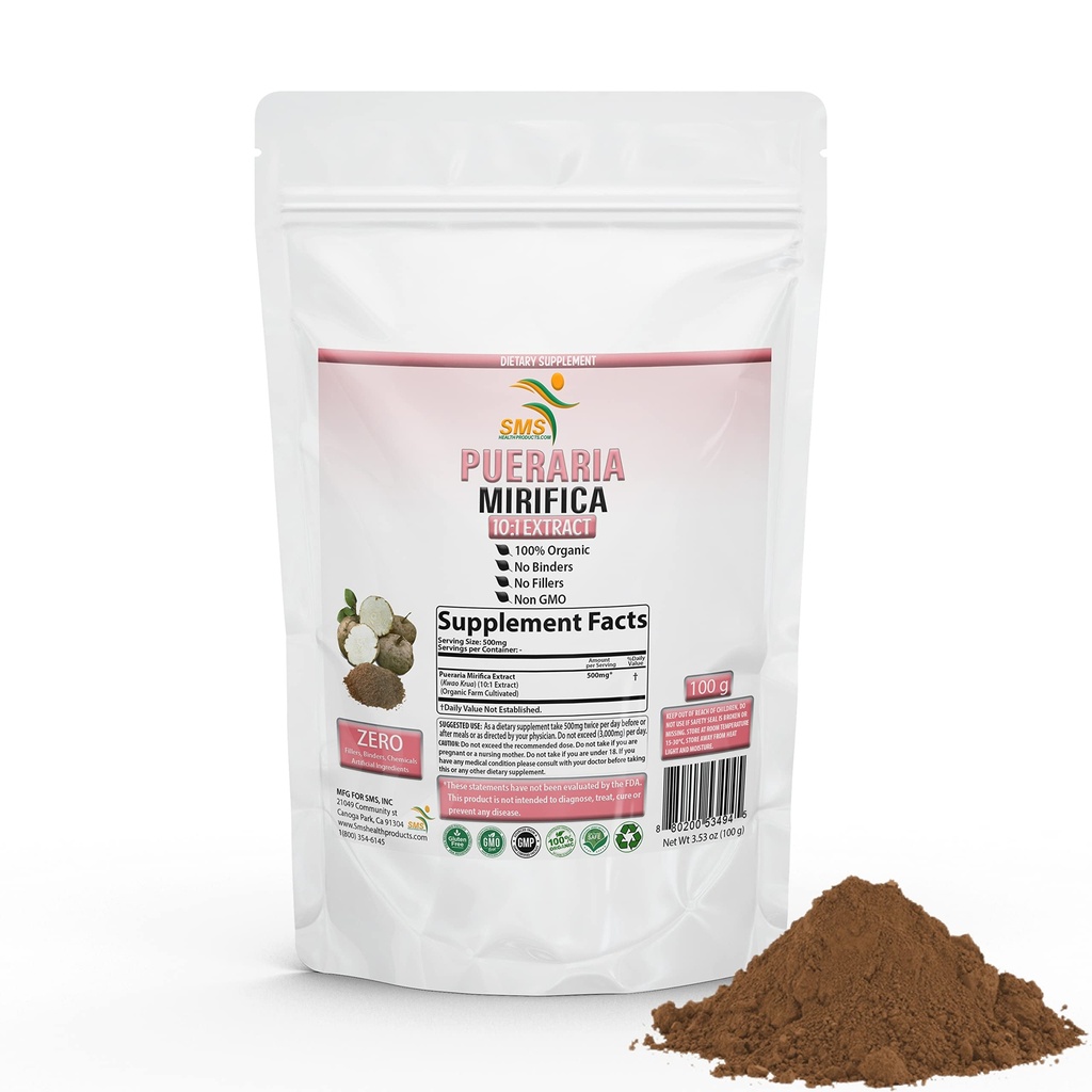 Pueraria Mirifica Natural Orgánica Herbal Kwao Krua Kao 10:1 Extracto 100g Powder, Promueve la Salud de las Mujeres Suplemento dietético No GMO, Gluten  durable por SMS