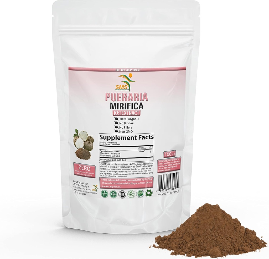 Pueraria Mirifica Natural Organic Herbal Kwao Krua Kao 10:1 Extract 100g Powder, Promotes Women's Health Dietary Supplement | Non GMO, Gluten | by SMS
