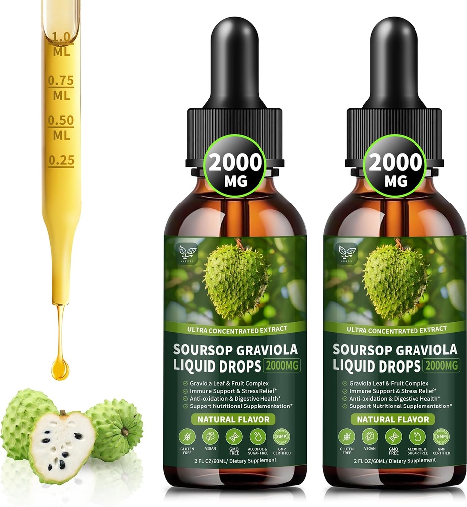 (2 Pack) Soursop Graviola Liquid Drops 2000mg, 98% Absorption for Cell Support &amp; Regeneration, Immune Boost, Liver, Herbal Goodness, Soursop Bitters Liquid-Sugar/Gluten Free, Natural Flavor, 4 Fl Oz