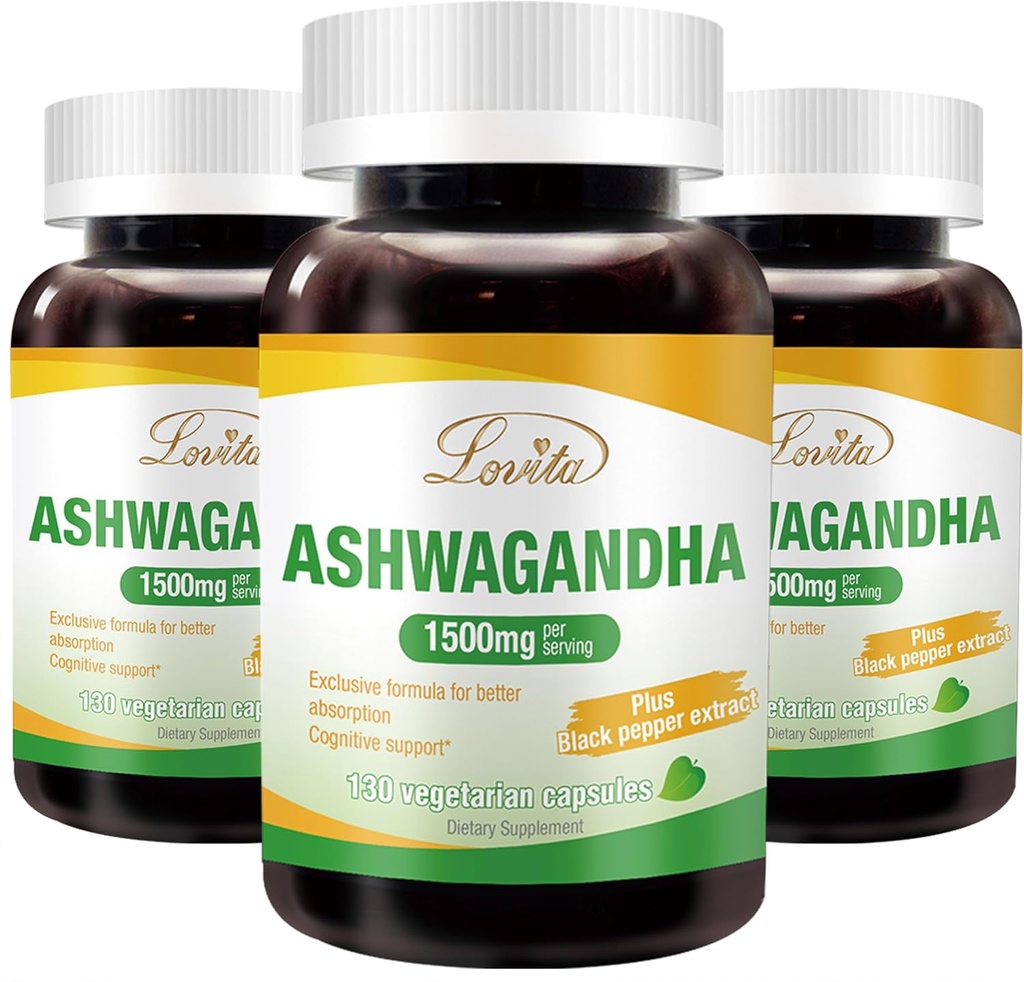 Lovita KSM-66 Ashwagandha Silencio Altamente Concentrado Silencio 5% Conanolido Silencio 95% Piperina de la pimienta negra Silencioso Alivio de la energía y apoyo energético ← Vegan, Gluten Gratis Silencio 130 Capsules (Pack of 3)