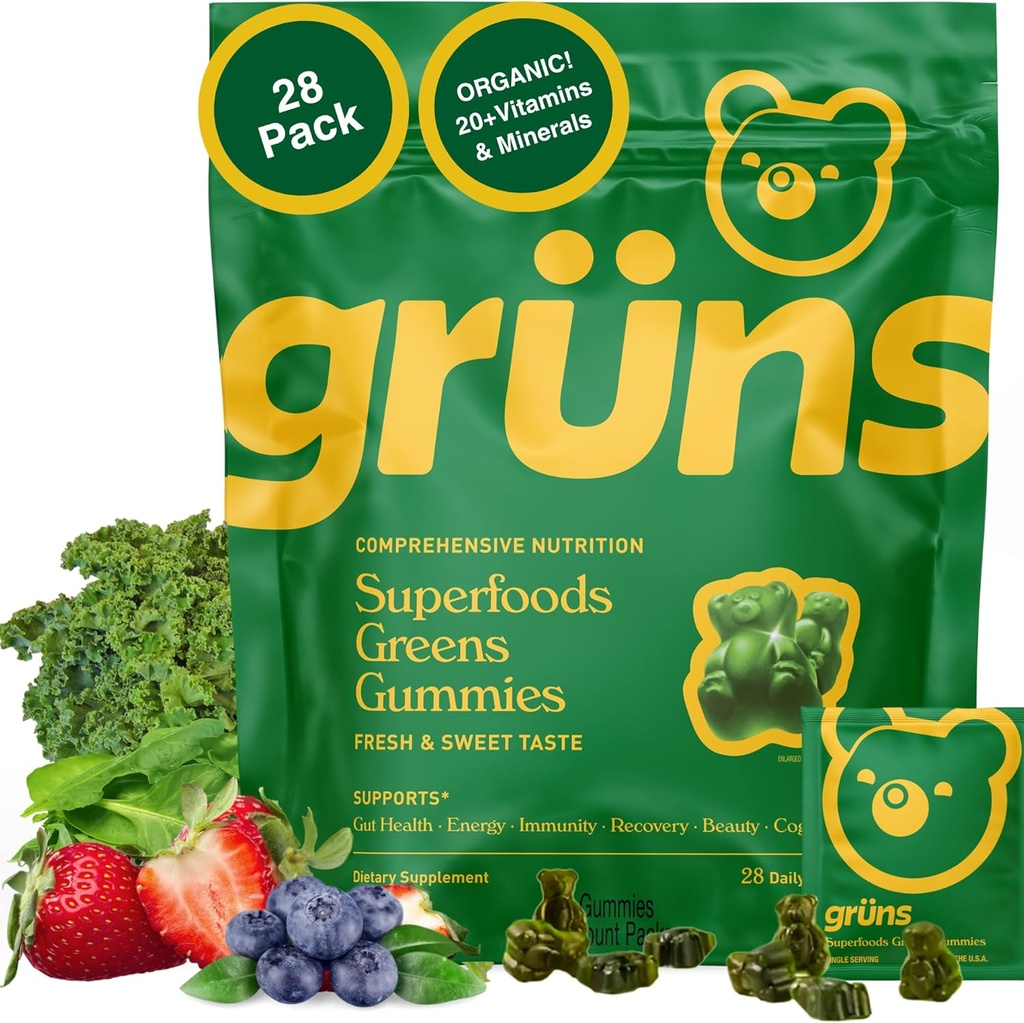 Gruns Adults Super Greens Gummies Multivitamínicos, Superfood Vitamina Gummy Bears con Spirulina, Clorella, Fibra Prebiótica para Salud Digestiva, Suplemento Adaptógenos, 20 Vitaminas & Minerales, 28 Condes