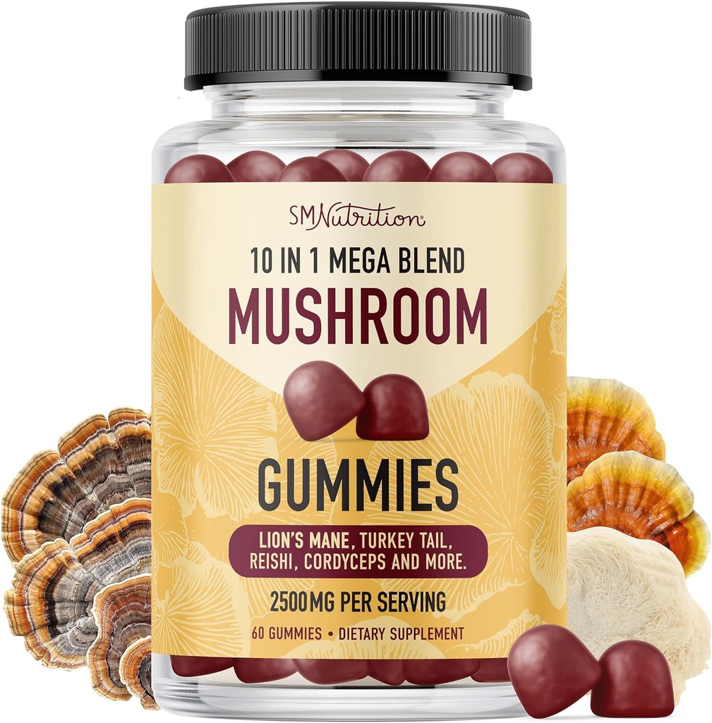 Mushroom Gummies for Adults Silencio with Lions Mane, Turkey Tail, Reishi, Cordyceps, Chaga & Maitake ← Nootropic Mushroom Suplemento ← Apoyo Cognitive Function & Immune Health ← Raspberry Flavor ← 60ct
