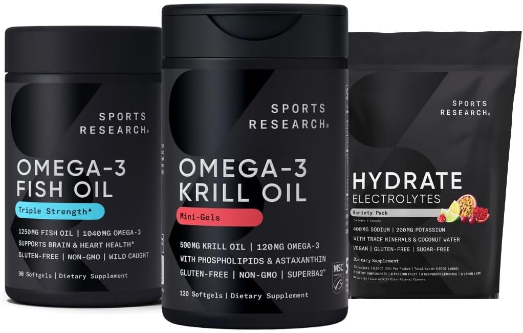 Sports Research Antártico Krill Oil Omega 3 Mini-Softgels 500mg con fosfolípidos, Choline, Astaxanthin, Triple Fuerza Omega 3 Burpless Fish Oil 1250mg, Sugar Free Multi Flavor Hydrate Electrolytes
