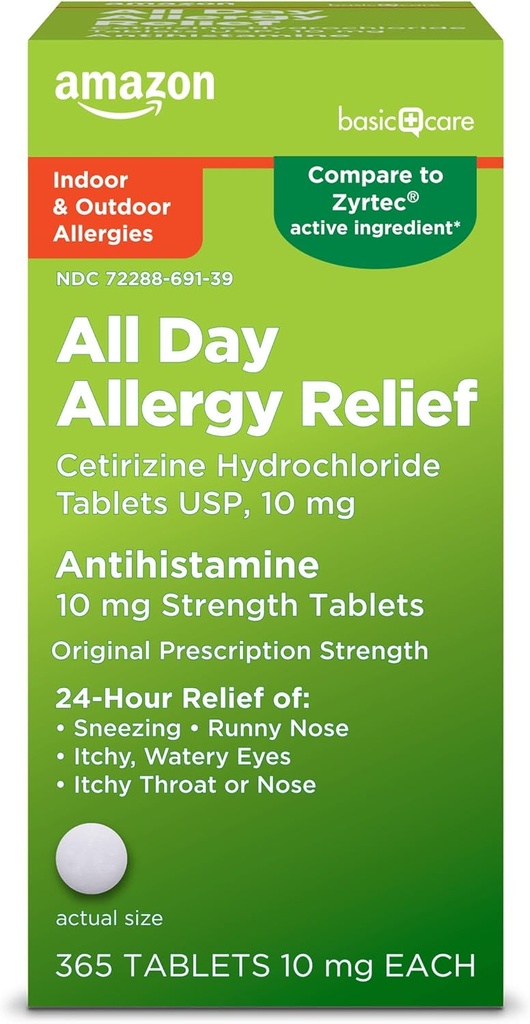 Atención básica All Day Alergy, Cetirizine Hydrochloride Tablets, Antihistamine, 10 mg, 365 Count (Packaging may vary)