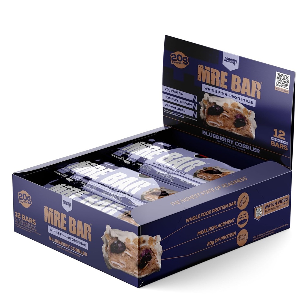 REDCON1 MRE Protein Bar, Blueberry Cobbler - Contiene MCT Oil + 20g de Whole Food Protein - Easily Digestible, Macro Balanced Low Sugar Meal Replacement Bar (12 Bares)