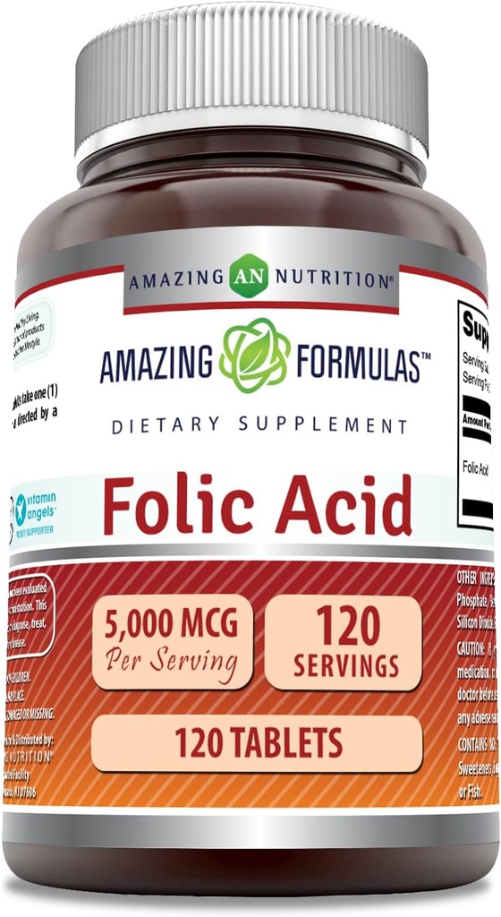 Amazing Formulas Folic Acid (Vitamin B9) Suplemento TEN 5000 Mcg per Serving TEN 120 Tablets ← No Gluten-Free TEN Made in USA