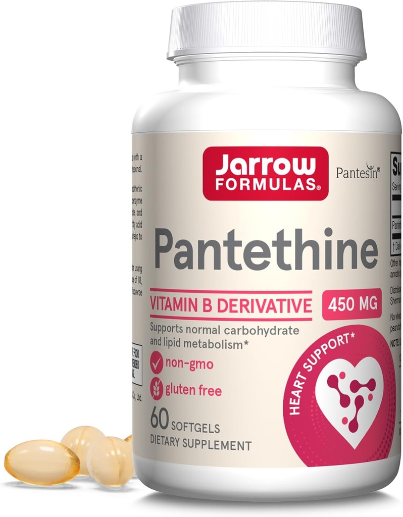 Jarrow Formulas Pantethine 450 mg - Derivative of Vitamin B5-60 Servings (Softgels) - Apoyo a la salud del corazón, carbohidratos & Lipid Metabolism - Coenzyme A (CoA) Precursor - Suplemento de ácido pantoténico
