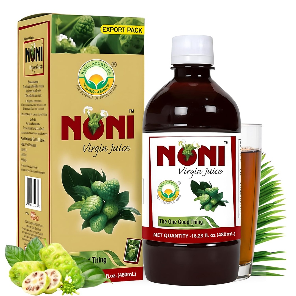 BASIC AYURVEDA Noni Virgin Fruit Juice ← 16.23 Fl Oz (480ml) ← Jugo Ayurvédico Orgánico para la Salud y el Bienestar
