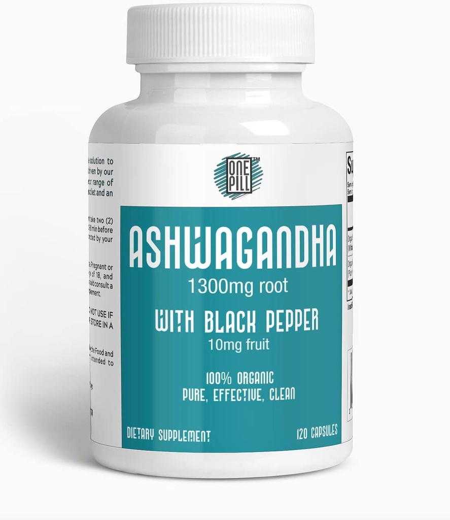 ASHWAGANDHA 1300 mg of Organic Root with Black Pepper. Natural Stress and Mood Support Supplement 120 Capsules