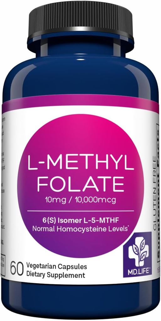 MD Life L-Methylfolate 10 mg Suplemento - Professional-Grade Active L Methylfolate Suplemento - 60 cápsulas - L-Methylfolate 10mg - Maximum Potency MTHFR W/ Essential Amino Acids