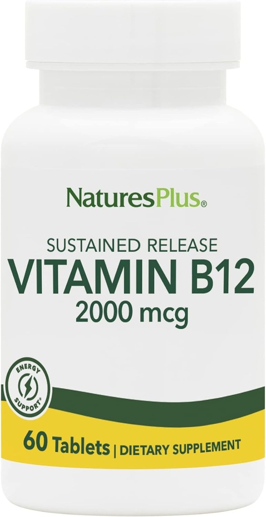 Natures Plus Vitamin B12 (Methylcobalamin), Sustained Release - 2000 mcg, 60 Tabletas Vegetarianas - High Potency Red Blood Cell Support - Natural Energy Booster - Gluten-Free - 60 Servings
