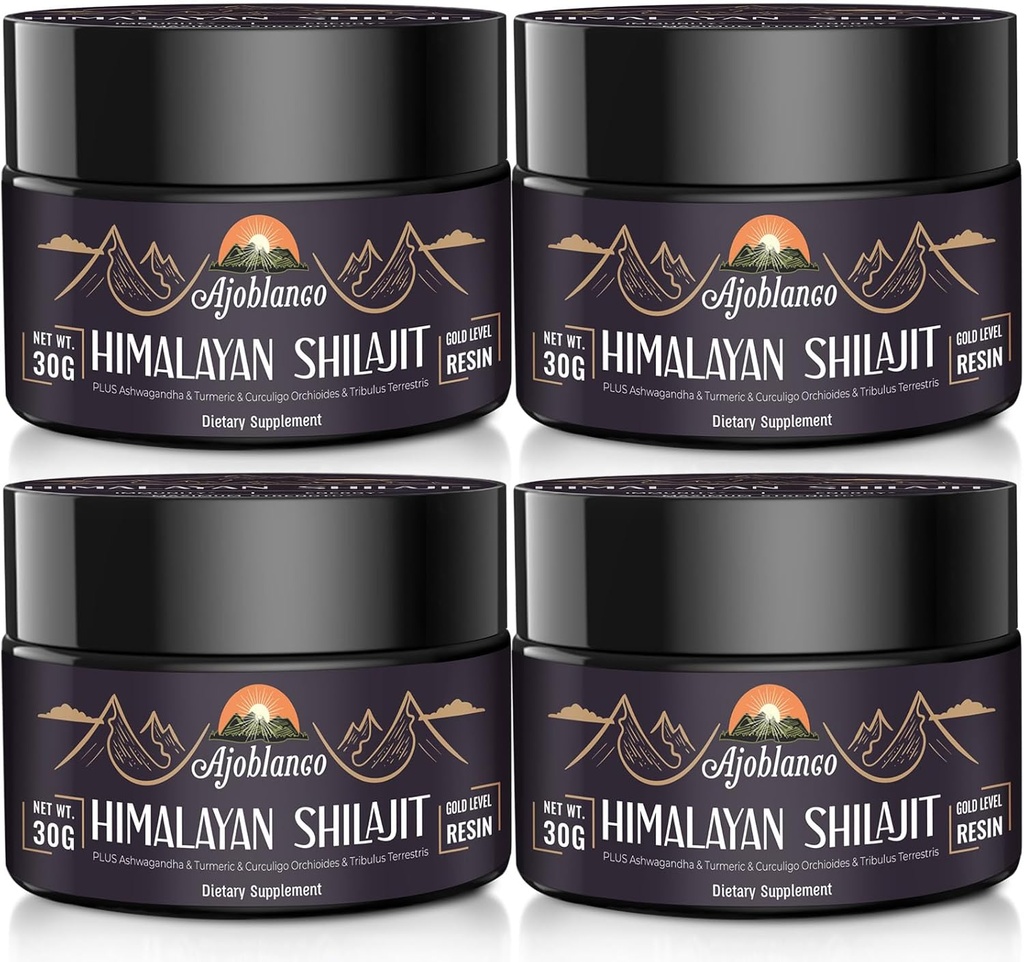 Ajoblanco 600mg Natural Himalayan Organic Shilajit Resin - Himalayan Gold Shilajit Resin with Organic Ayurvedic Blend in High Potency for Energy, Strength & Immunity, Pack of 4