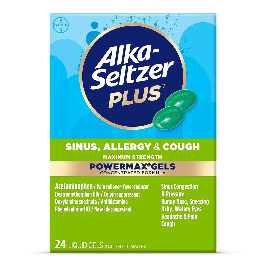 Alka-Seltzer Plus Maximum Strength Power Max Sinus, Alergía y Medicina de Tos para Adultos y Niños 12 años y más - Alivia síntomas de alergias, fríos o Hay Fever, 24 condes