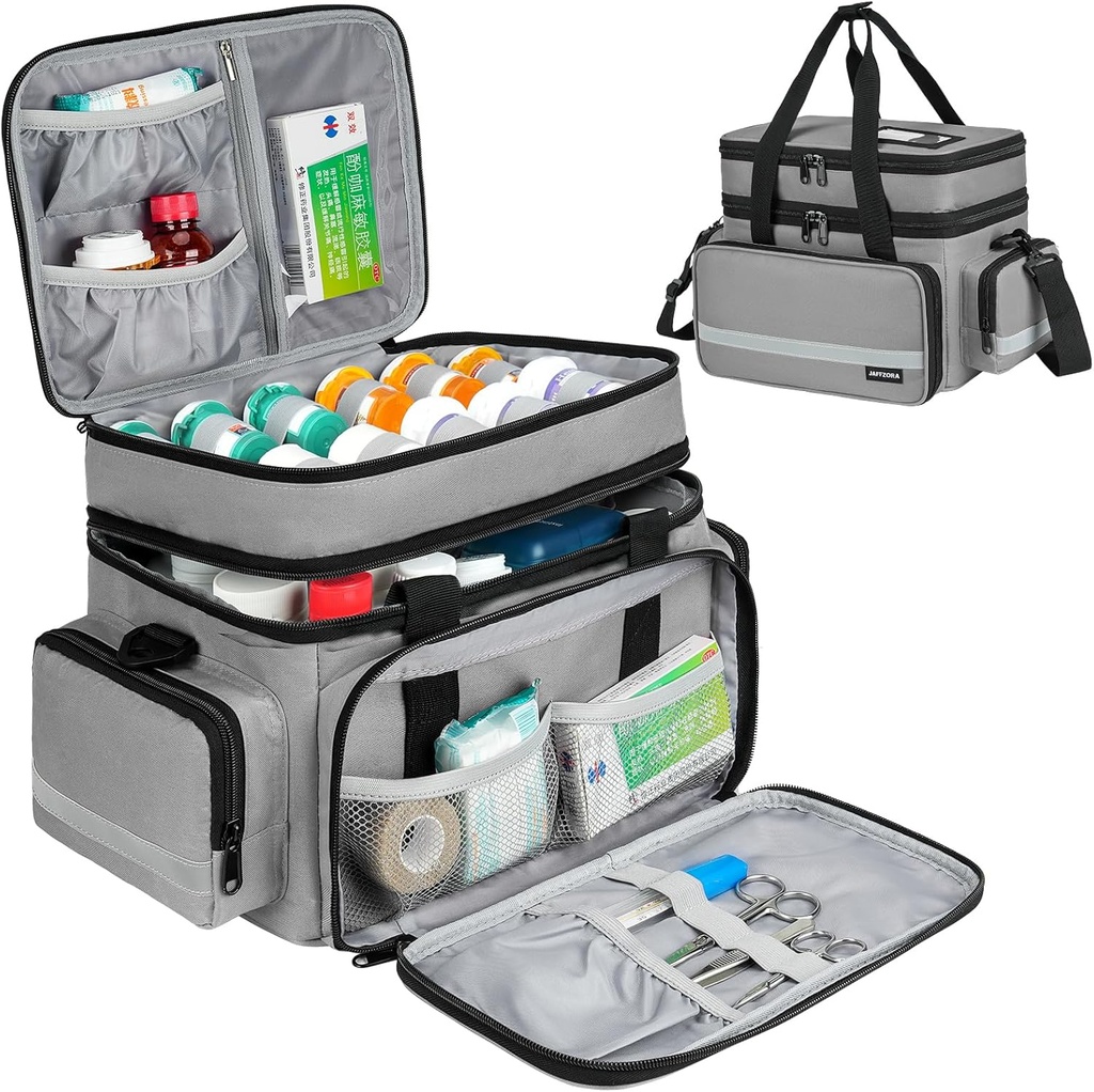 Gran organizador de botellas, doble capas bolsa de almacenamiento de medicamentos con cremalleras y cuero del hombro, bolsa de viaje de medicamentos para botellas de prescripción, vitaminas y suministros médicos, gris (sólo cabeza)