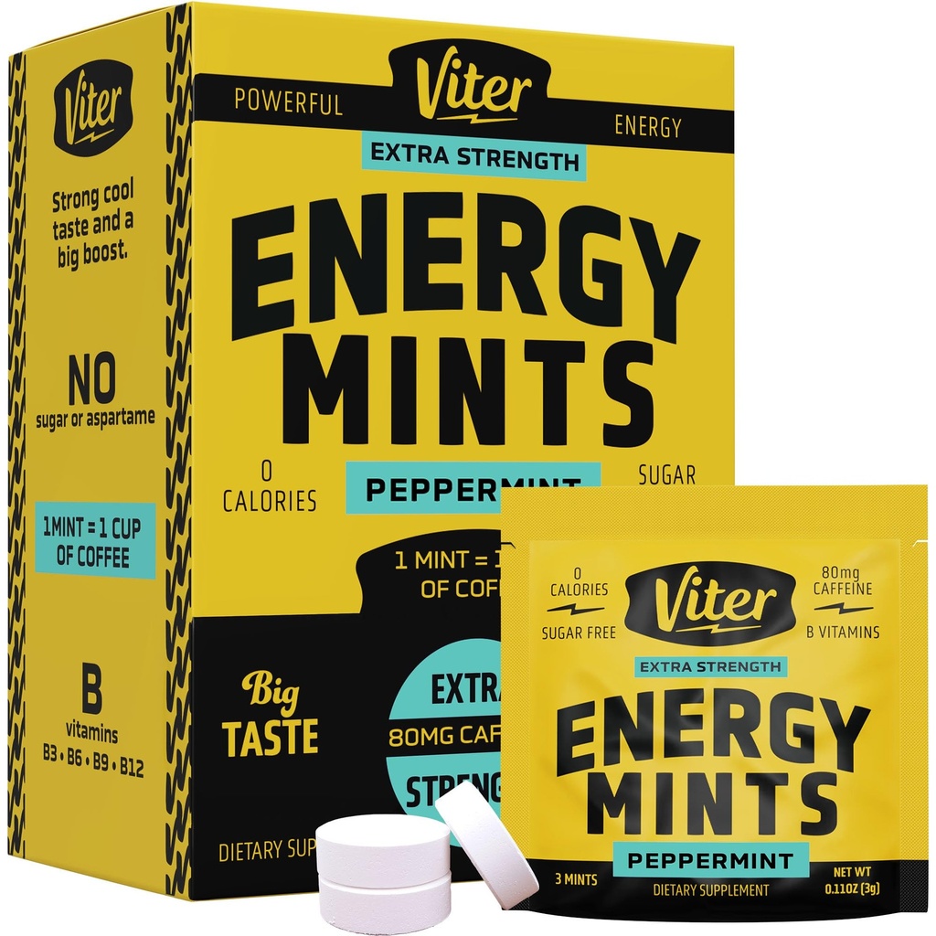 Viter Energy Caffeine Mints 80mg Extra Strength - 90 Pieces Caffeinated with B Vitamins. Sugar Free Vegan Breath Mint. Energize Nootropic Focus Booster for Fast Alertness (Peppermint Flavor, 30 Pack)