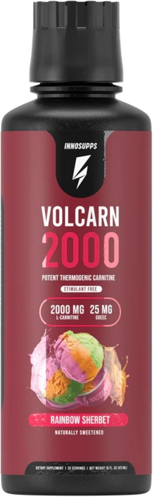 InnoSupps Volcarn 2000 - L-CARNITINE Avanzado Energía Líquida TENIDO ATP Enhancer con GBEEC ANTERIOR Boost Energy, Enhances Focus, Caffeine Free, No Artificial Sweeteners TEN 32 Servings (Rainbow Sherbet)