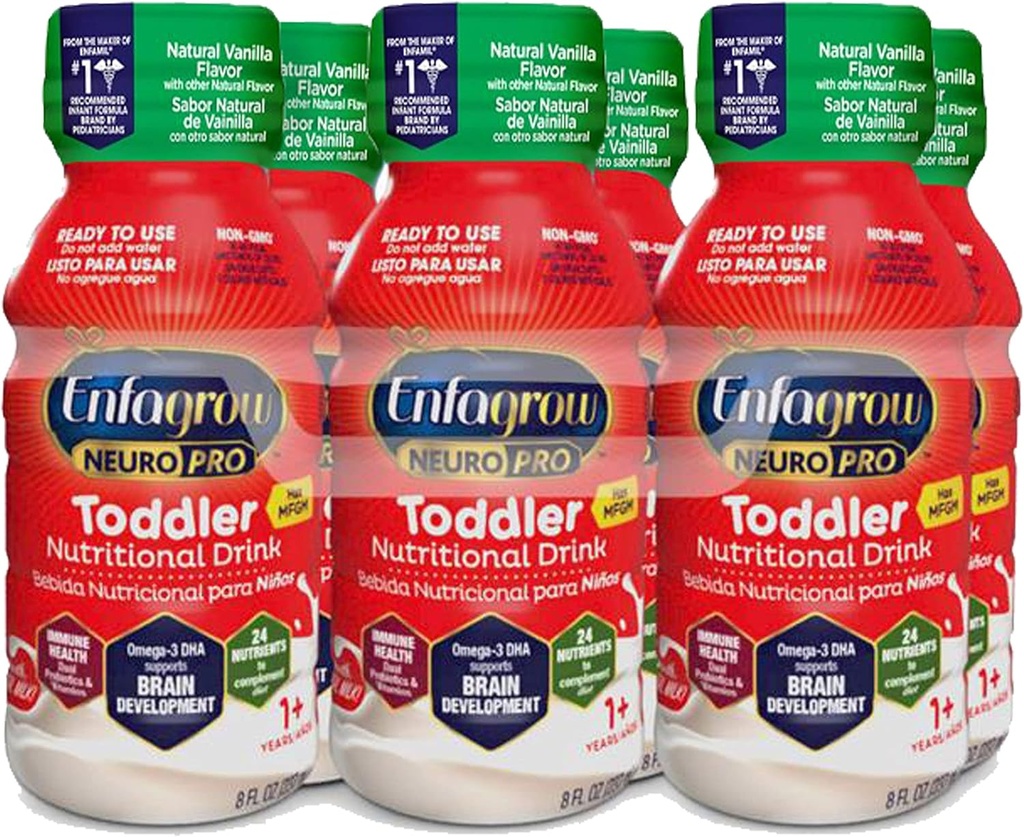 Enfagrow NeuroPro Toddler Nutrición Bebida, Vanilla Flavor, Omega-3 DHA para soporte cerebral, prebióticos & vitaminas para la salud inmune, botellas listas para usar, 8 Fl Oz, 6 Conde