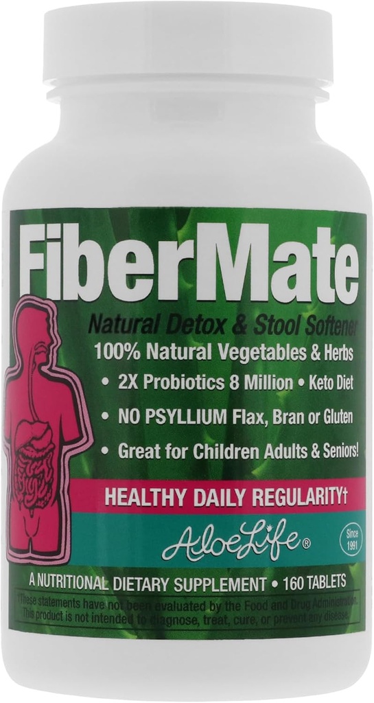 Aloe Life - FiberMate Tablets, Body Detox & Stool Softener, Vegetables & Herbs, Gentle Irregularity Relief, Safe Digestive Support, No Psyllium or Bran, Gluten- " Dairy-Free (160 Tablets)