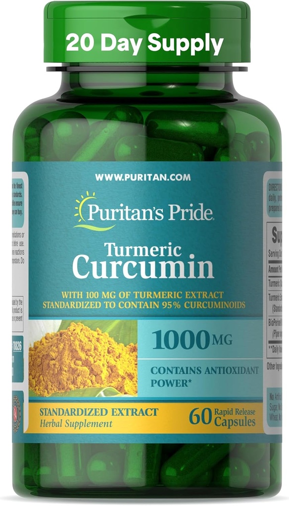 Pride de Puritan Curcumin Turmeric 1000mg, Standarized a 95% Cucuminoides, Suplemento dietético herbal para la salud antioxidante, 60 cápsulas de liberación de Radpid