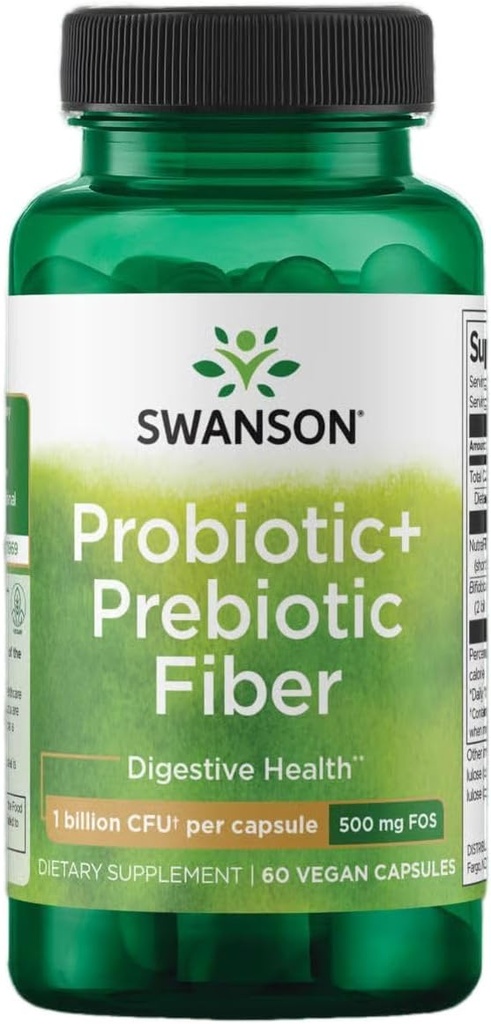 Swanson Prebiótico + Fibra Probiótica - Suplemento Natural Promoviendo el Sistema Digestivo &amp; Immune Health Support - Ayudas Regularidad & GI Tract Health - (60 cápsulas, 500 millones de UC cada uno)