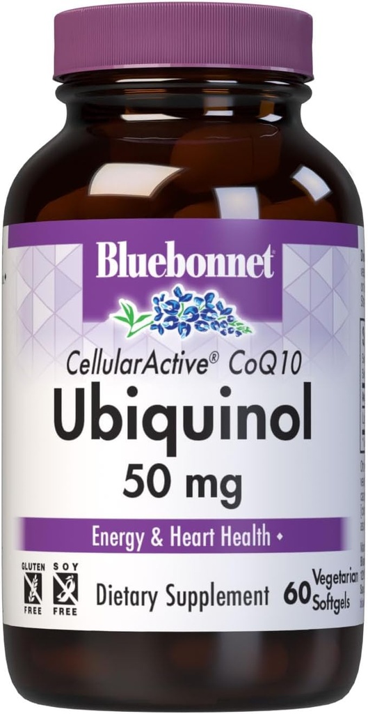 Bluebonnet Nutrition Cellular Active CoQ10 Ubiquinol 50 mg Vegetarian Softgels, Heart Health & Cellular Health, Ubiquinol de Kaneka, Non GMO, Gluten Free, Soy Free, Milk Free, 60 Vegetarian Softgels