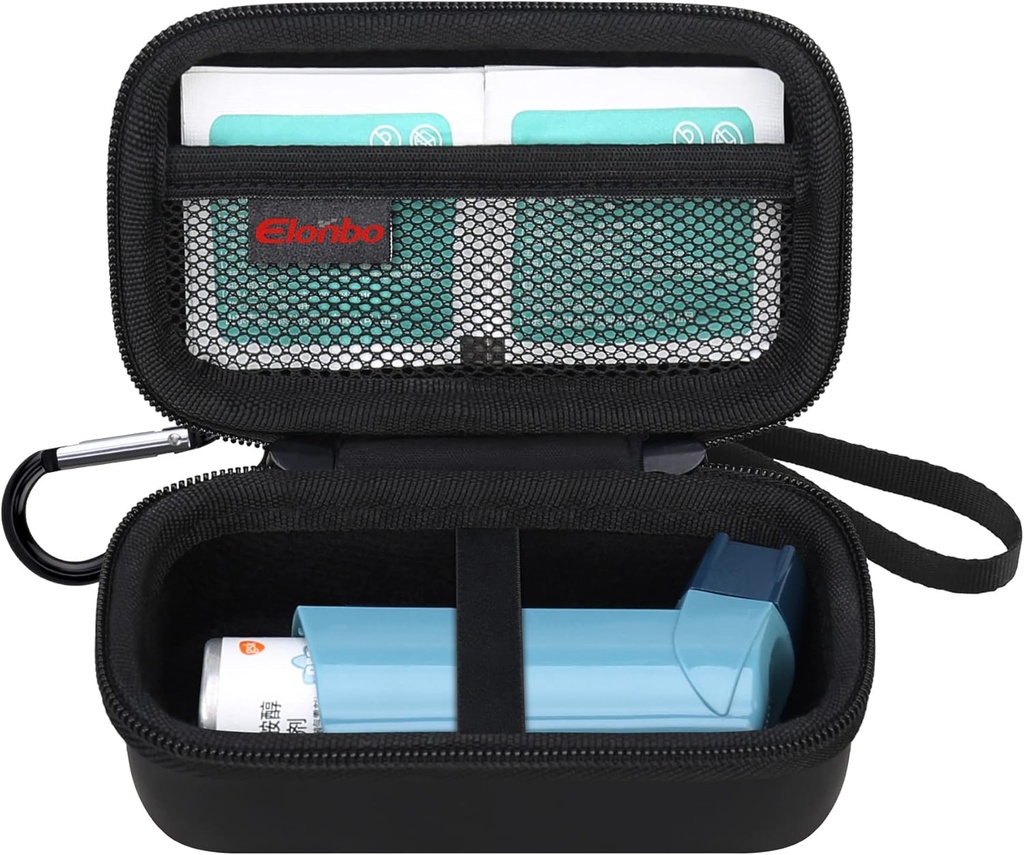 Elonbo Asthma Inhaler Carrying Case, Travel Organize Holder Bag for Ventolin Inhaler, Extra Interior Mesh Pocket Fits Asthma Mediction, Black+Inside Black (CASE ONLY! Medicina inhaladora no incluida)