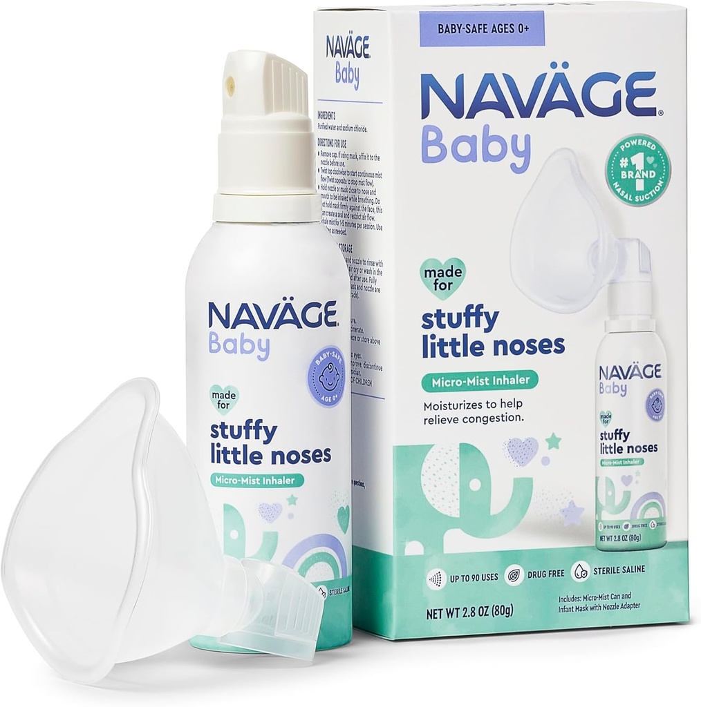 Navage Baby Micro-Mist Saline Inhaler - Saline Nasal Spray for Congestion Relief - Pediatrician Endored Baby Nasal Spray w/Mask " Quiet, Continuous Mist (2.8 oz)