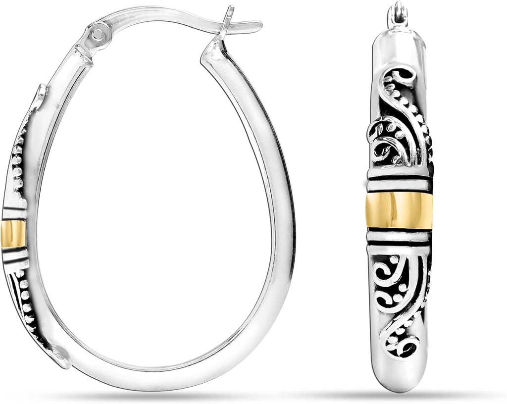 LeCalla 925 Pendientes de aro Bali-Style Ligero Click-Top Antique Dos-Tone Beaded Italian Bali Style Earring Hoops for Women