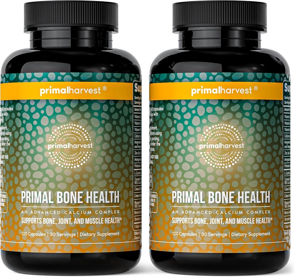 Primal Harvest 2 Pack, Primal Bone Health Calcium Carbonate Bone Health Complex para Hombres &amp; Mujeres con Calcio, Magnesio, Zinc, Manganese, Potasio, " L-Carnitine (240 cápsulas)
