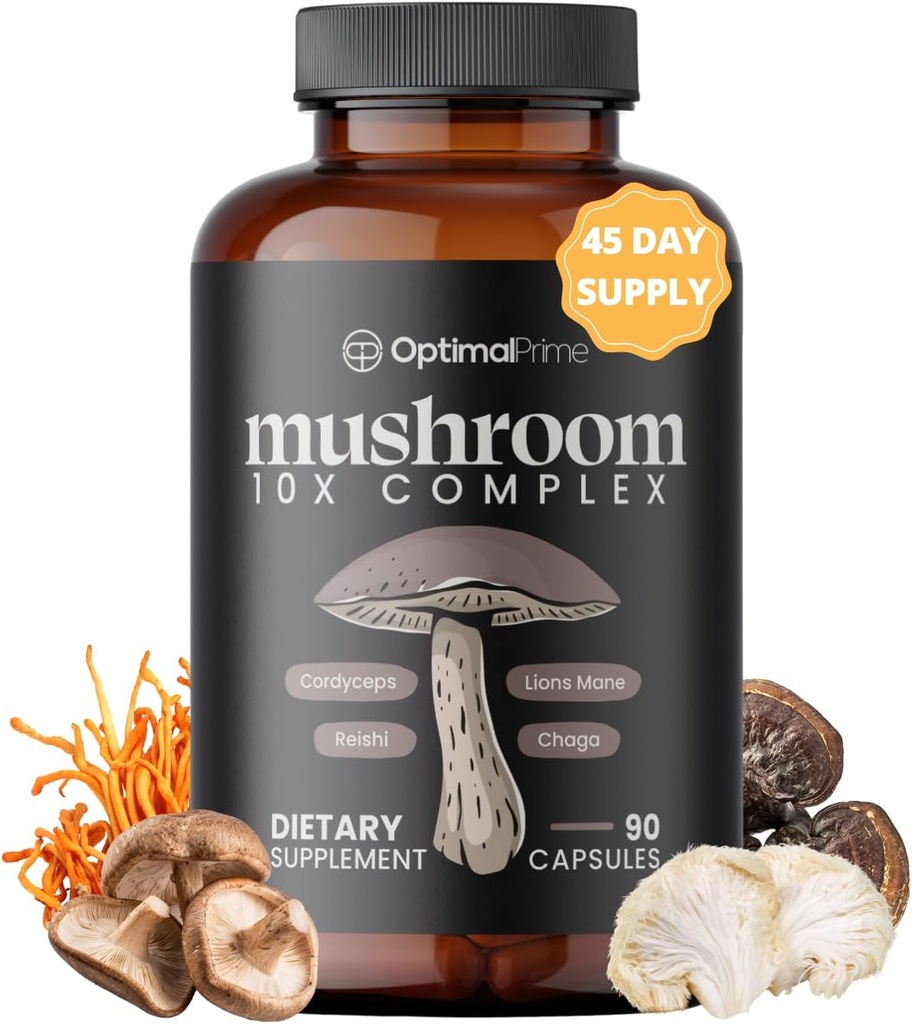 Optimal Prime 10x Mushroom Complex Suplemento - Lions Mane, Cordyceps, Turquía Tail for Immunity, Energy, Mood, Focus - Natural Health Booster, 90 Caps