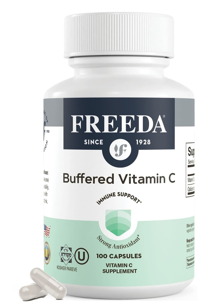 FREEDA Buffered Vitamina C 500mg – Ascorbato de calcio no adictivo – Soporte inmunitario " Antioxidante – Kosher, Gentle on Stomach – 100 cápsulas