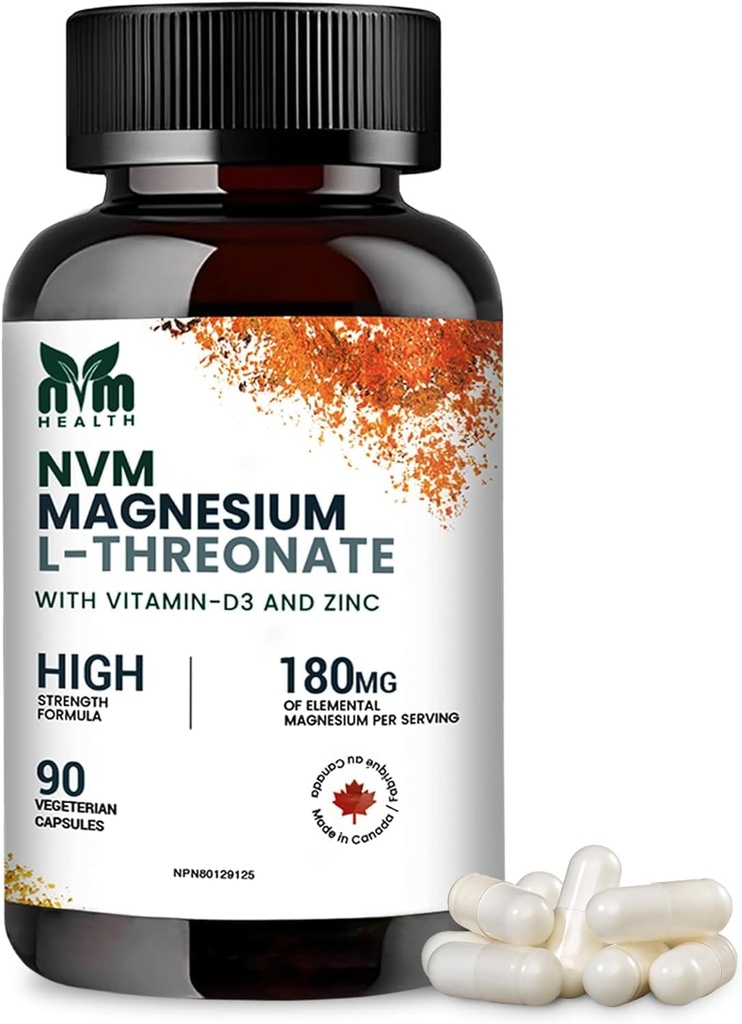 Magnesium l-threonate with Vitamin D3 and Zinc for Sleep Support, Muscle Functions, Electrolyte Balance and Immune Support I Gluten Free, Non- GMO, 90 Vegetarian Capsules