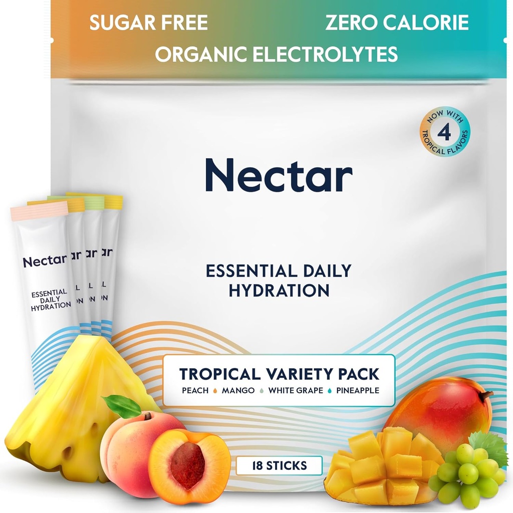 Embalajes de hidratación Nectar - Electrolitos Embalajes de polvo - Sugar Gratis > 0 Calorie - Fruto orgánico Líquido diariamente IV Hidrata para la deshidratación & Alivio de Rehidratación (Tropical 18 Pack)