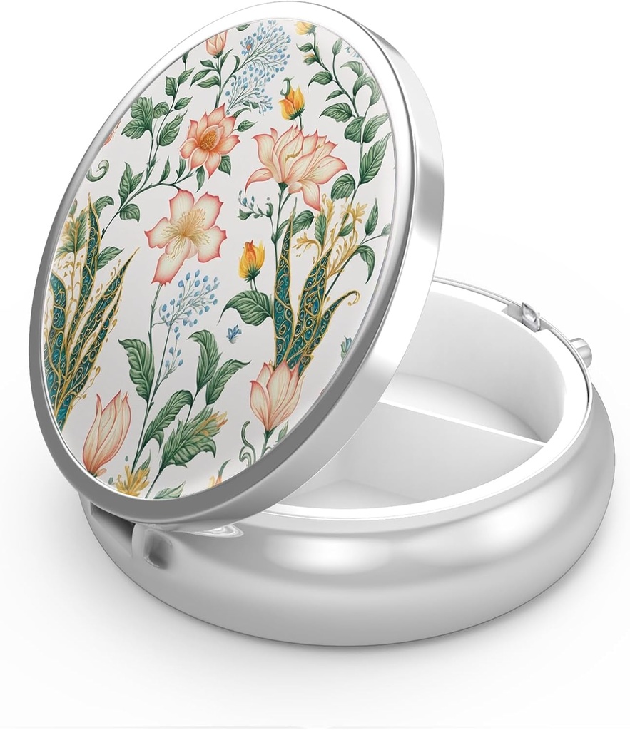 Caja de Píldora 3 Caja de Píldora de Medicina de Compartimiento,Portable for Pocket or Purse Pill Box Decorative Metal Medicine Vitamin Organizer Unique Gift(Floral Flower)