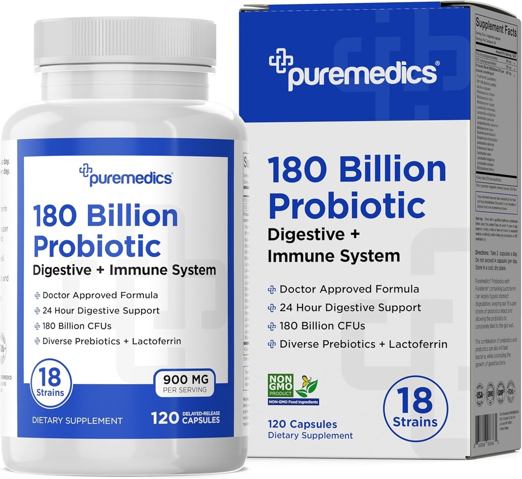 Probióticos de Fórmula 180 Billones CFU - 18 Strains + Lactoferrina + Prebióticos - Immune, Digestive & Gut Health - Estreñimiento, Diarrea, Gas &amp; Bloating - para Mujeres &amp; Hombre - 120ct
