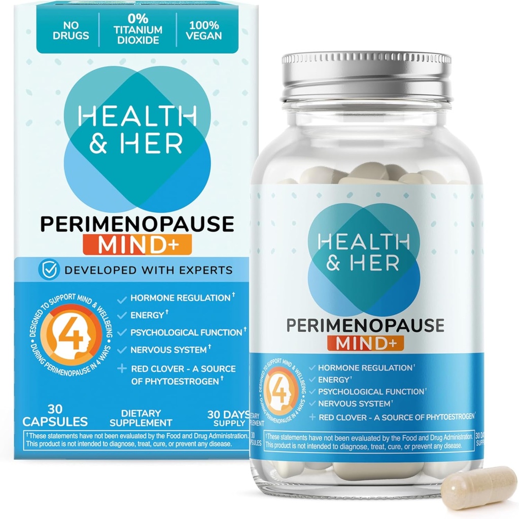 Salud " Su Mente Perimenopause+ Apoyo a la función cognitiva, para la etapa temprana de la menopausia, Energía mental, Suplementos para Mujeres con Vitaminas, Libre de gluten, No GMO, Vegan (30 ct - 1 mes)