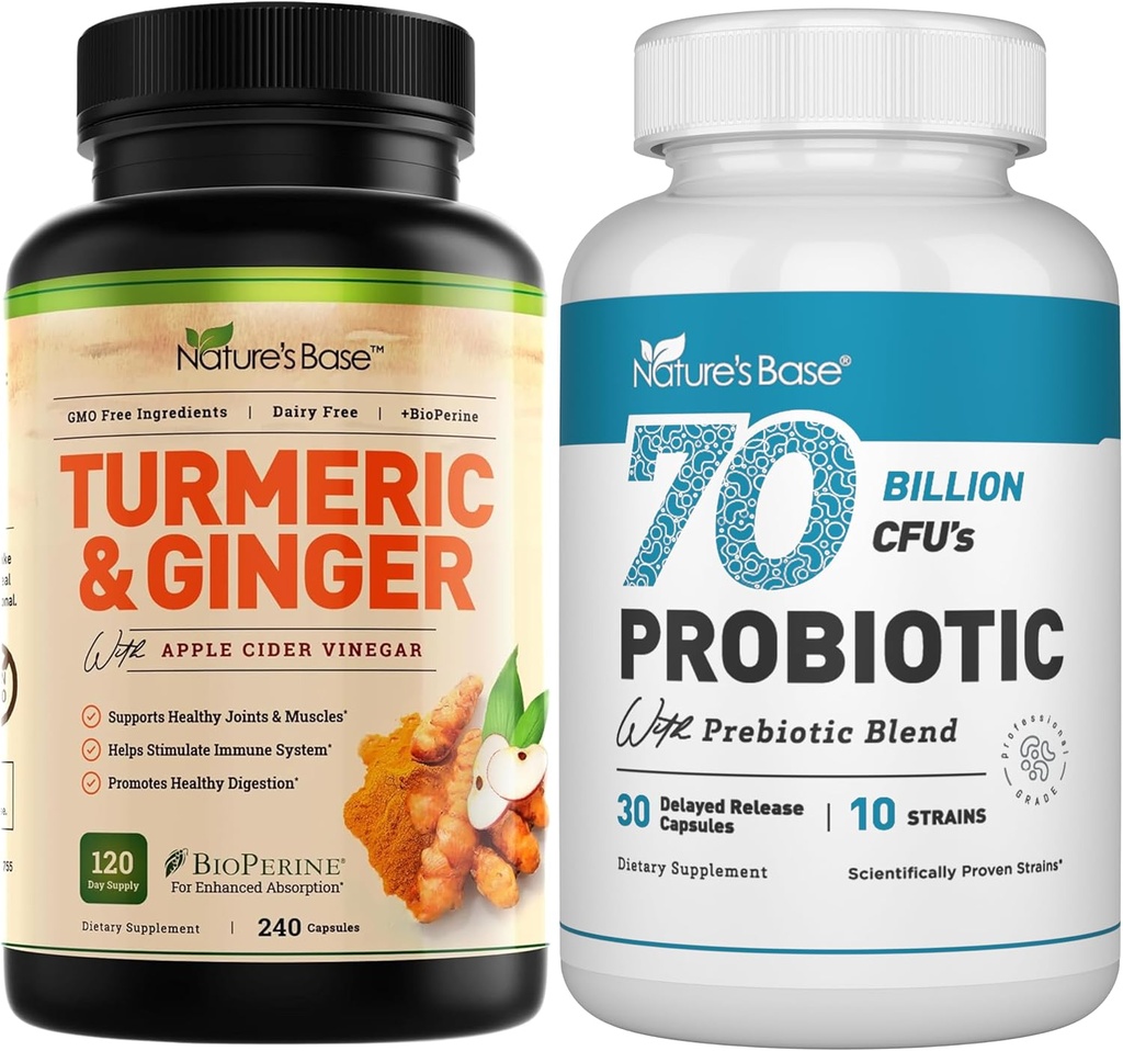 Base Turmeric de la Naturaleza &amp; Ginger 240 ct + Probióticos 70 Billion CFU 30 c