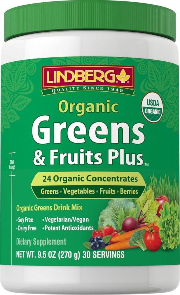 Lindberg Organic Fruit and Vegetable Powder | 9.5 oz | Greens Drink Mix | 28 Concentrates Plus | Vegan, Non-GMO, Gluten Free Supplement