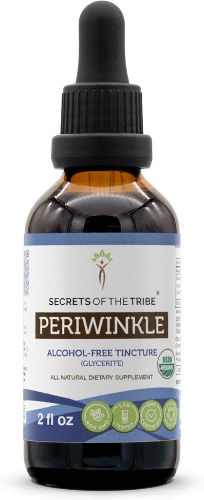 Secretos de la Tribu Periwinkle USDA Orgánica TENIDO Extracto libre de alcohol, gotas herbales de alta potencia ← Hecho de Periwinkle orgánico 100% certificado (Vinca Major) Herb seco (2 oz)