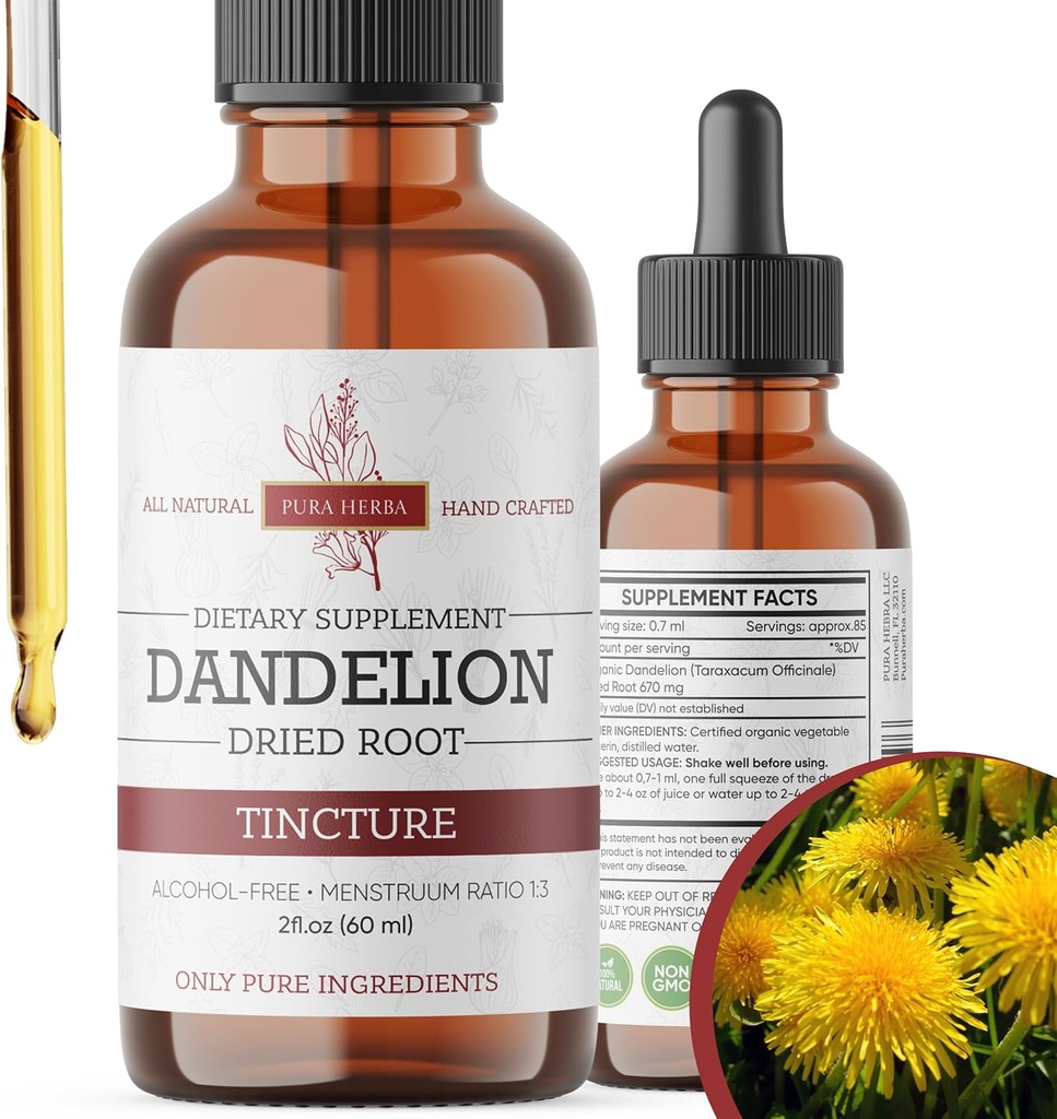 Dandelion Root Tincture 2 oz – Extracto herbario libre de alcohol – 670 mg por ser – Glicerina-Basada, Vegan, No GMO, No Añadido Sugar – Dandelion Drops Suplemento líquido