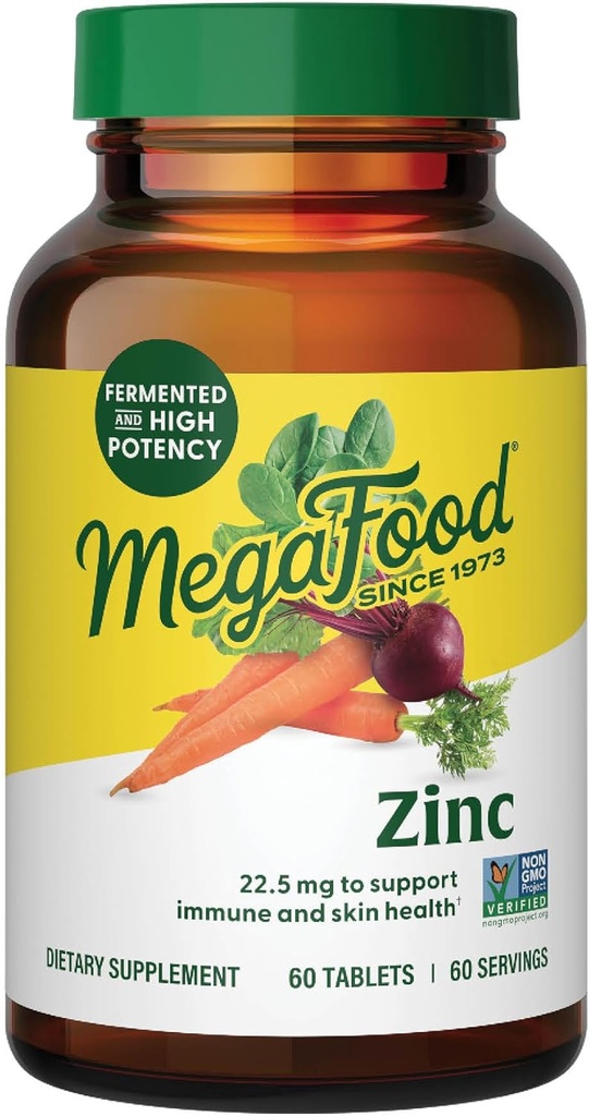 Suplementos MegaFood Zinc - Suplemento Vegan Immune Support Con 22.5 mg Zinc fermentado de alta potencia - Hecho con comida real - Gluten-Free, Kosher - 60 Tablets, 60 Servings